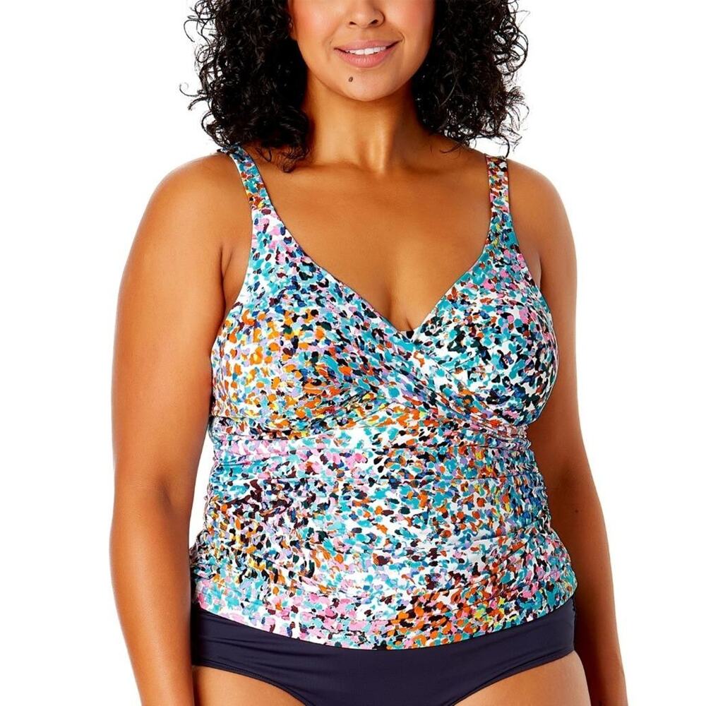 Anne Cole Plus Size Multicolor Printed Drape Front Tankini Top Size 16W